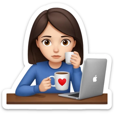 A brunette girl with dark brown eyes, dark circles under eyes, tired, sad face, with a mug of coffee in one hand and sitting in front of a computer sticker