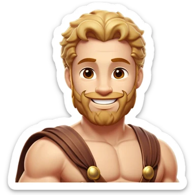 Cinematic Realistic Hercules Portrait, head tilted playfully and inquisitively, showcasing his formidable build softened by a warm, inviting smile. His eyes sparkle with a sense of mirth and determination, while his detailed attire and natural highlights capture the essence of a mighty hero with a friendly spirit. sticker