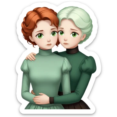 Two Victorian women with light green eyes in a sad, intimate embrace. One has bright white coiffed hair, the other has dark copper coiffed hair. Both wearing Victorian turtleneck dresses, hugging tightly sticker