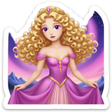 Cinematic Stunning Aurora Portrait Emoji, Ethereal in her flowing pink gown, golden curls shimmering, soft violet eyes filled with serenity, an enchanting glow surrounding her, capturing the beauty of a princess lost in a dream! sticker