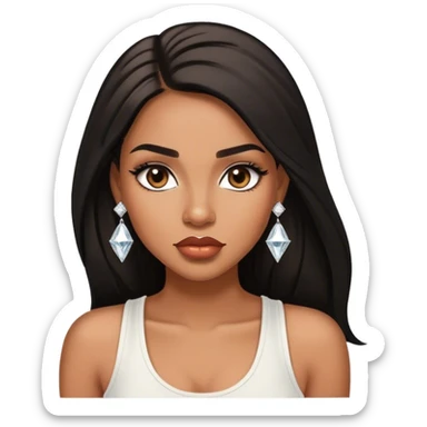 light brown skin tone, very beautiful woman, with big plump lips, long long lashes, black straight long hair, brown eyes, white tank top, diamond stud earrings sticker