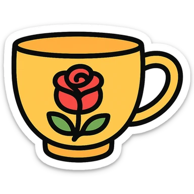 a stylized coffee cup with a rose motif, minimal, logo-like, no text sticker