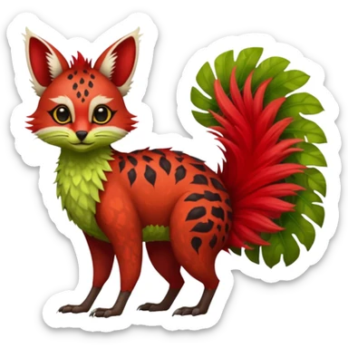 Feral Rare Fantasy vibrant tropical red and sanguine, and lime-collred Vernid-Trico-species-creature by LiLaiRa, random markings, tufted tail, tufted ears, full body sticker