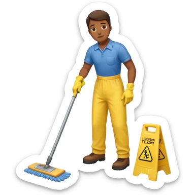 Custodian with yellow rubber gloves, mopping floor sticker