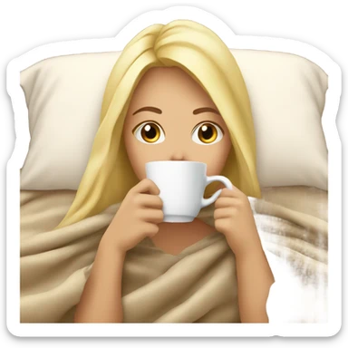 Blonde girl sipping coffee under blanket sticker