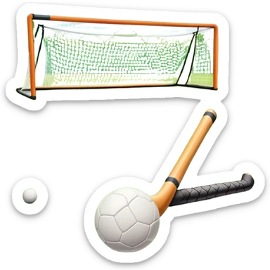 Hockey on grass. A field hockey stick and ball resting on a well-maintained grass field, with the goalposts and markings visible in the background. The scene highlights the precision and focus of the sport, with the vibrant green pitch creating a dynamic atmosphere. sticker