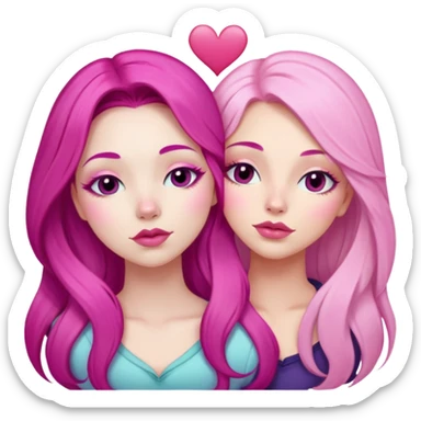 gorgeous pale girl with long magenta pink hair latina makeup next to a gorgeous blonde girl with a light pink heart above them in between eyes closed making duck lips faces sticker