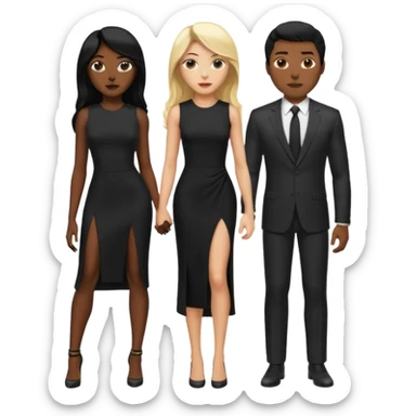 Blonde woman, black, Long, tight, sleveless Dress, Slot left Leg,man in suit sticker