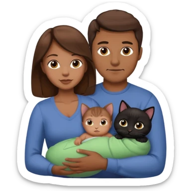 1 mom brown hair, 1 dad no beard, 1 baby and 1 black cat sticker