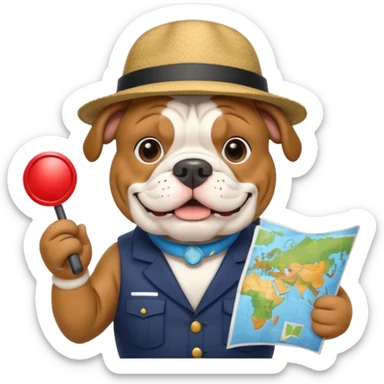 english bulldog as a cheerful tour guide, wearing a hat and holding a map sticker