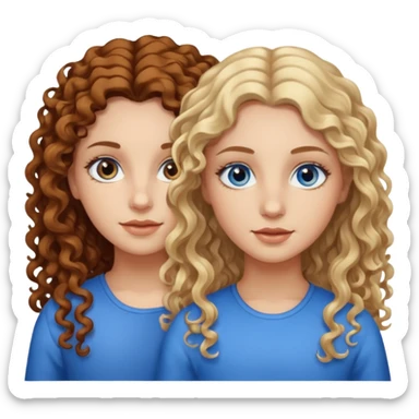 Twin sisters, one has brown eyes, long curly brown hair, the other one has blond hair and blue eyes sticker