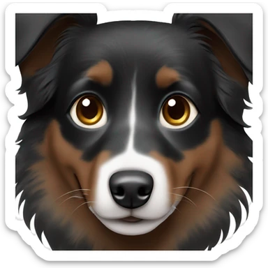 Small black australian shepherd dog with dark brown eyes and black face sticker