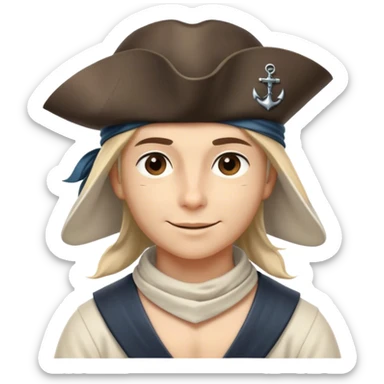 Clash of Clans aesthetic: Beautiful and Majestic Pirate Portrait Emoji, Rendered in serene confidence with a gentle, enigmatic smile and a regal tricorn hat, showcasing a distinguished, weathered build with a timeless bandana and soft, wise eyes in natural skin tone, Simplified yet exquisitely endearing features, highly detailed, glowing with a soft, drowsy maritime light, high shine, calm and heroic, stylized with an air of legendary seafaring elegance, soft glowing outline, capturing the essence of a majestic pirate whose noble spirit inspires epic adventures! sticker