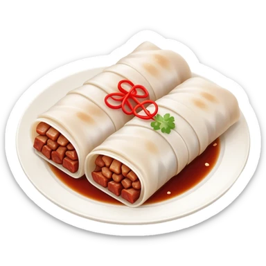 BBQ pork rice noodle roll Char Siu Cheung Fun with reddish meat filling, simplified emoji style with bold outlines and bright colors, cartoon style Guangdong breakfast favorite sticker