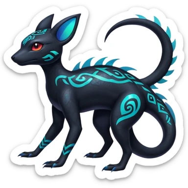 Colorful Neon Exotic Salandit-Aurorus-Umbreon-Fakémon-hybrid-creature (full body) with iridescent tribal markings sticker