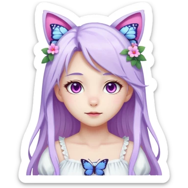female anime character with pink eyes long white hair periwinkle highlights and cat ears on her head. She is wearing a white dress with purple flowers and butterfly. sticker