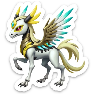 Colorful Shiny Vibrant neon-colored elemental Skeletal masked armored Meloetta-Silvally-Solgaleo-Raikou-Pokémon-Digimon-Fakémon-fusion-hybrid-creature, full body sticker