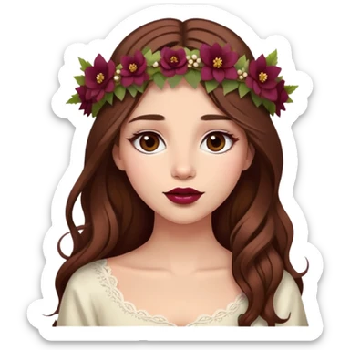 girl with long brown hair with flower crown, wine-colored lips sticker
