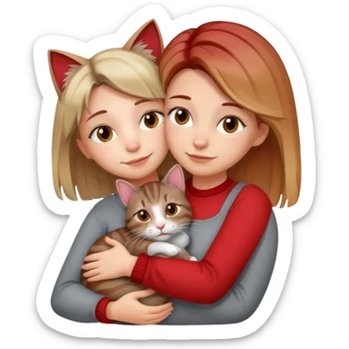 Une femme avec les cheveux dégradée, châtain et blond, qui fait un câlin à son chat gris, tigré avec des reflets roux sticker