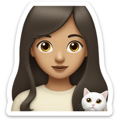 Dark brown haired girl with olive skin with straight bangs and long hair holding a white cat  sticker
