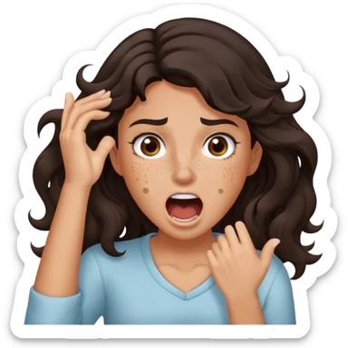 girl very dark brown wavy hair freckles tan skin color brown eyes hands holding neck screaming sticker