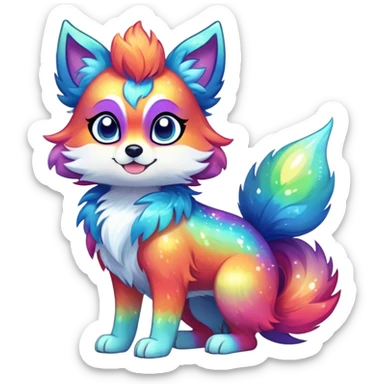 Vibrant multicolored Falvie-Fionbri-creature-sparkle-canine-fursona, full body sticker