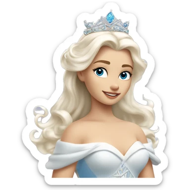 The Swan Princess, a beautiful young woman with platinum blonde hair, ocean-blue eyes, and a swan-inspired dress and tiara, exudes allure as she combs her hair gracefully in the wind,her skin is pale and she is a whole white sticker