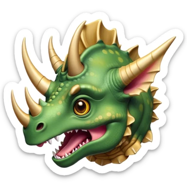 Cinematic Comical Triceratops Portrait Emoji, Head tilted dramatically with an exaggeratedly shocked expression, featuring a stout, armored body with three comically exaggerated horns and a frilled head, wide, comically expressive eyes full of playful disbelief, Simplified yet hilariously expressive features, highly detailed, glowing with a slightly sassy prehistoric glow, high shine, dramatic yet playful, stylized with an air of cheeky dinosaur mischief, soft glowing outline, capturing the essence of a meme-worthy Triceratops that looks ready to side-eye its way into viral fame! sticker