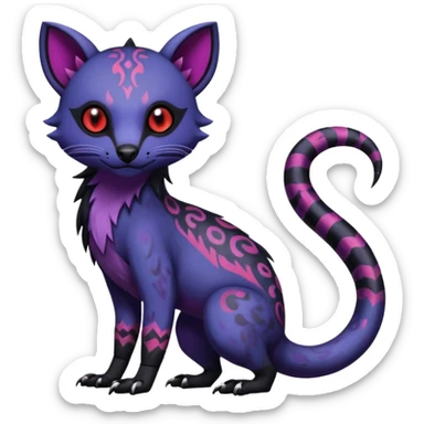 Rare warm-colored exotic gloomy tropical edgy cute epic aesthetic spooky indigo violet white black red gothic colorful Salandit-Noibat-Civet-species-Fakemon-hybrid-creature, with tribal tattoo markings, full body sticker
