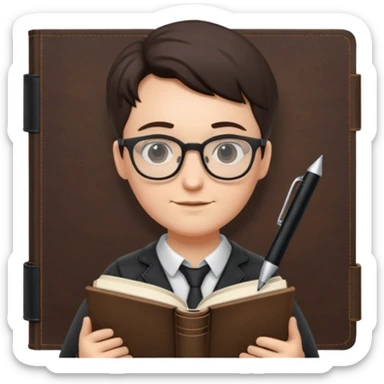 writer holding big pen and book, wearing glasses , zoom out sticker