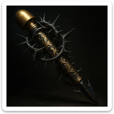 A fantasy-style arrow with a blunt, rounded golden tip, ornate gold filigree along the shaft, encircled by sharp metallic thorns. Hyper-detailed, metallic shine, dark cinematic background. sticker