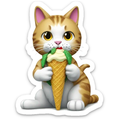 A cat with a crocodile tail making a Lego and eating ice cream sticker