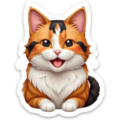 Cinematic Cute Yawning Calico Cat Portrait Emoji, Head tilted mid-yawn with a charming, relaxed expression, showcasing a soft patchwork fur of vibrant orange, black, and white, simplified yet irresistibly adorable, highly detailed, glowing with a cozy, gentle radiance, high shine, exuding sleepy yet endearing charm, styled with a soft glowing outline, capturing the essence of a calico cat caught in a delightful yawn that seems ready to cuddle up for a nap! sticker