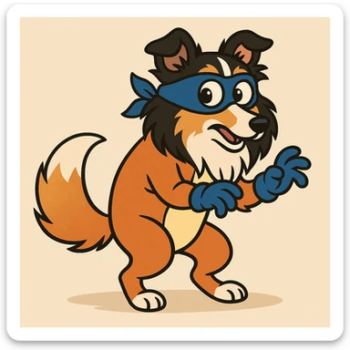 A tricolor Shetland Sheepdog in a Swiper the fox disguise, featuring a blue mask, blue gloves, and orange body suit, looking sneaky and animated, cartoon style sticker