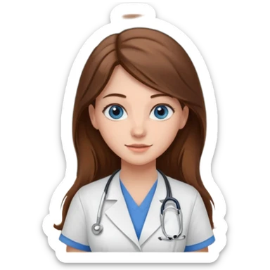 university classroom that says nursing school on the blackboard with a pretty female nursing student with long brown hair, blue eyes sticker