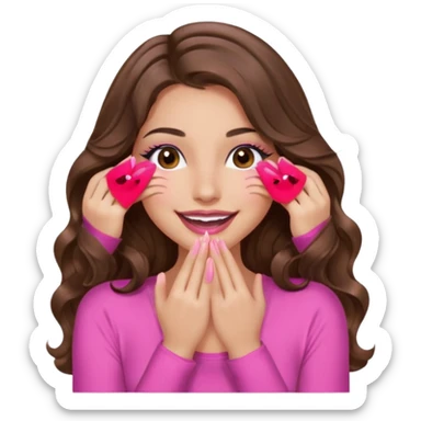 girl with long wavy brown hair, brown eyes, long lashes, sexy pink lips, light to medium complexion, wearing a pink sexy top, smiling, hands covering over the eyes sticker