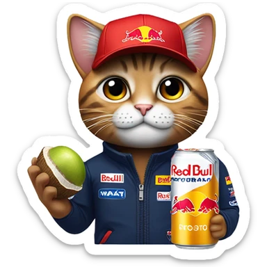 cat wearing a max verstappen formula 1 red bull racing cap and holding a coconut redbull can   sticker