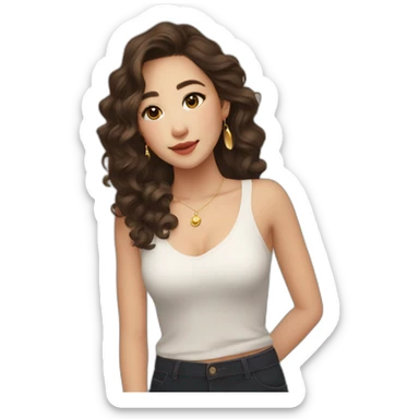 create an emoji of myself 30 year old female half asian brown hair and hazel eyes collar bone length loose curls hair with little gold earrings sticker