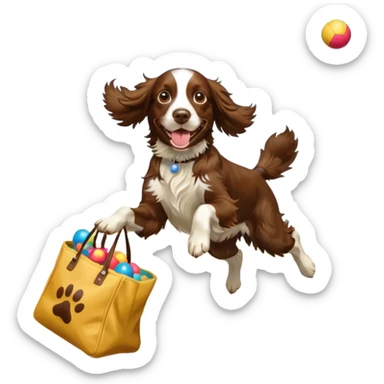 brown English springer spaniel jumping for joy on a Northumberland beach with a bag of balls sticker