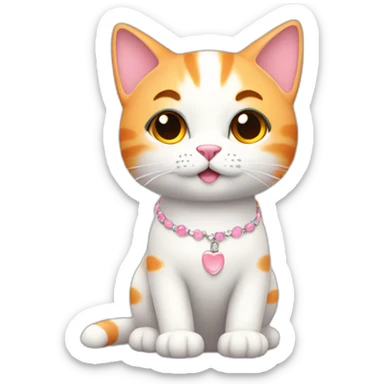 full body white orange cat cute with a small black eyes and a paw pink necklace sticker