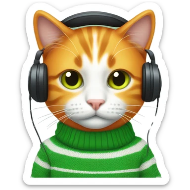 Orange cat wearing green and white stipe sweater and headphones sticker