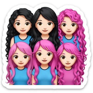 5 girls with 2 is white and had long black hair, but one has black hair and pink extensions, she is white, and one is black and has curly hair and one is Indian black and had black long hair. sticker