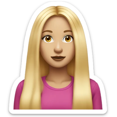 She has long, straight blonde hair, large expressive eyes, and medium height. Her makeup is often colorful, and she tends to wear bright, fun outfits that match her vibrant personality. sticker