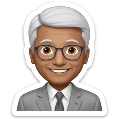 60 yr old indian man, short straight white hair brushed foreward , light grey business suit, big smile, dark brown skin, no moustache, dark brown eyes, glasses
 sticker
