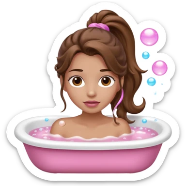 girl with wavy long ponytail brown hair, brown eyes, light to medium complexion, long lashes, light pink lipstick, wearing light pink shirt, in a bathtub with bubbles sticker