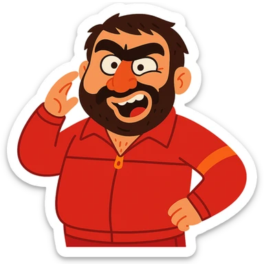 Recep İvedik, Turkish comedy icon, big eyebrows, thick mustache, red tracksuit, making a funny face, vibrant toon style sticker