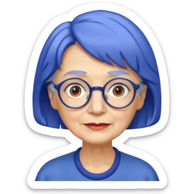 old lady with cobalt hair, wearing glasses, slight curl short hair, long face sticker