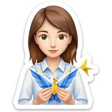 A happy Ukrainian young girl with brown hair in a white embroidered shirt makes an origami of a yellow and blue crane sticker