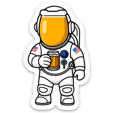 a full astronaut space suit with a pint of delicious beer inside it instead of a human, the glass of beer visible through the helmet sticker