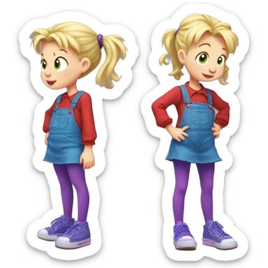 A little blonde girl with pigtails and little purple bows wearing a red long-sleeved shirt and purple overalls skirt with blue tights with green polka dots and purple sneakers, full body, rugrats sticker